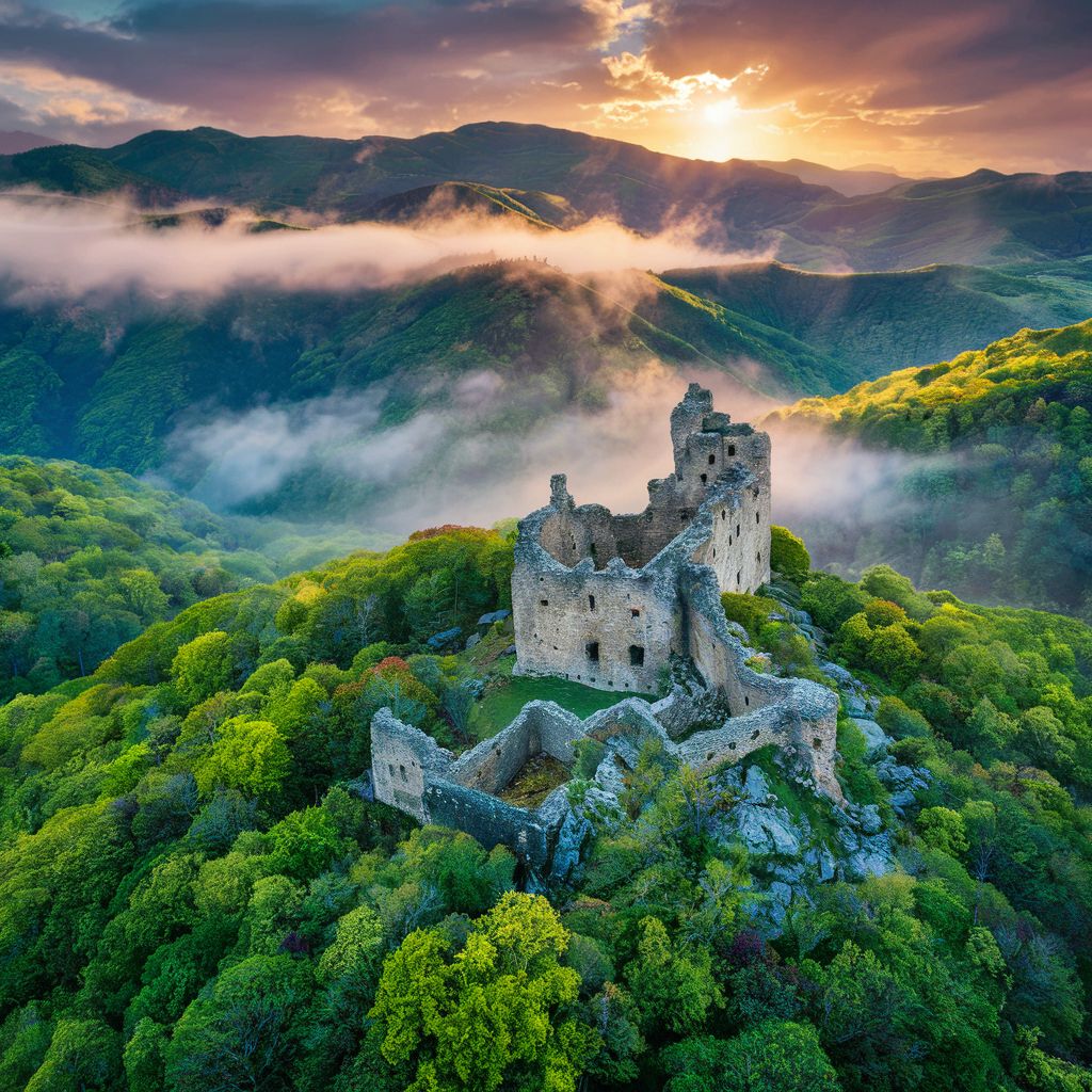 Aerial view of the forested hills of the Bolków area, Lower Silesia