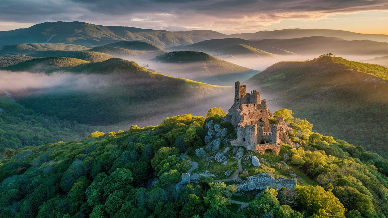 Aerial view of the forested Sudetes hills around the Bóbr valley