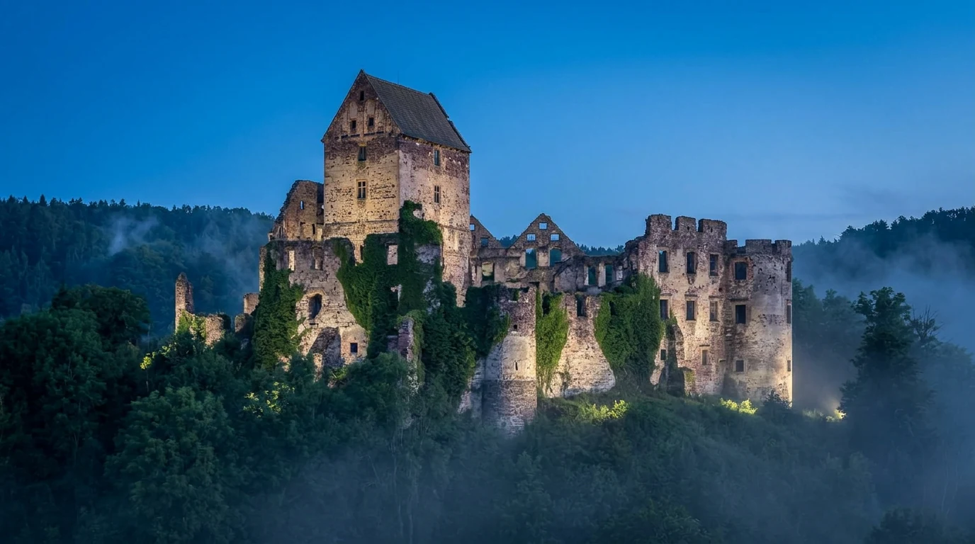 Medieval castle ruins on a forested hill at twilight, Lower Silesia